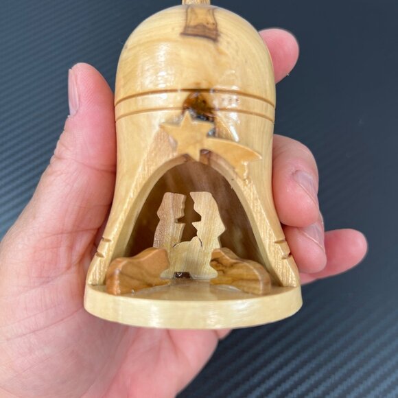 Olive Wood Bell-Shaped Nativity Scene Ornament Handcrafted Christmas Jesus - Picture 6 of 9
